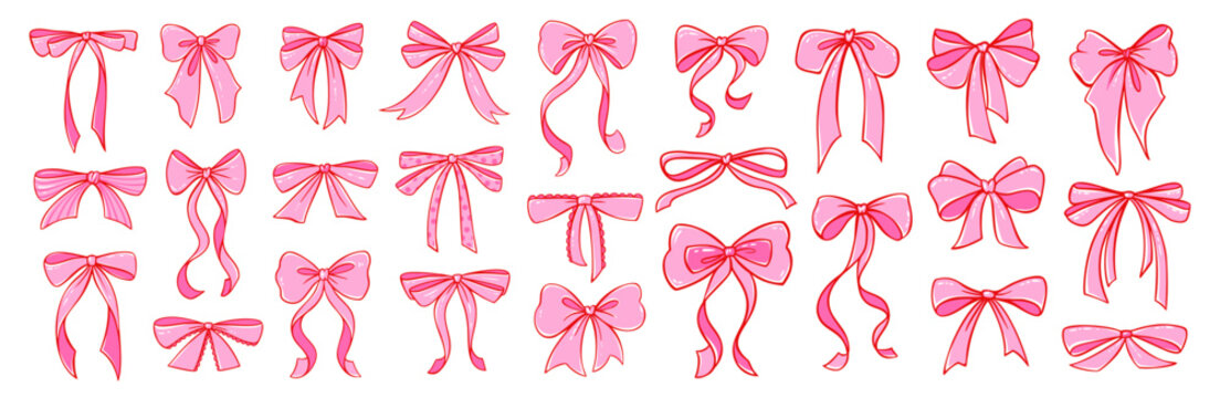Set of pink coquette bows in vector style. Cute bow clipart for fashion, present, romantic cards, girly decor