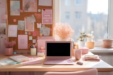 Cozy and stylish desk setup with laptop and pink stationery in natural light, back to school workspace