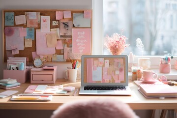 Bright and aesthetic feminine workspace with laptop, stationery and pink decorations by the window