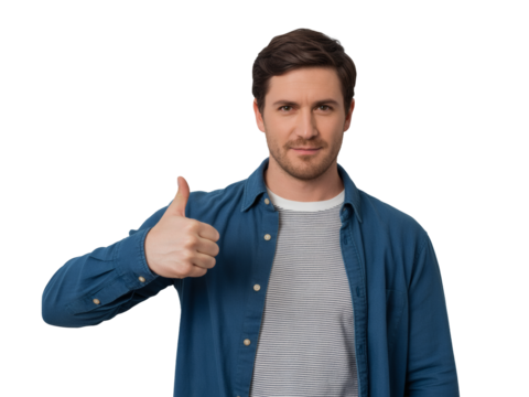 Smiling man gives thumbs up in casual shirt, conveying positivity and approval, perfect for diverse concepts and communication needs