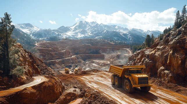 Open-pit mine, yellow trucks, mountains