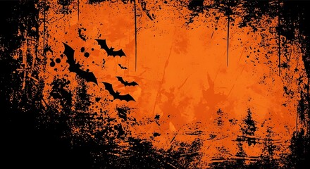 Grunge Halloween Background with Bats and Orange Texture
