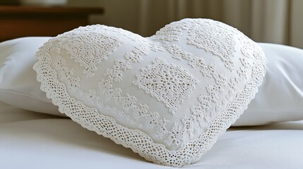 Heart-shaped lace pillow on bed