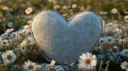 Heart-shaped pillow in a field of daisies