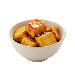 Golden Fried Tofu Cubes Drizzled with Sweet Glaze in a Ceramic Bowl.