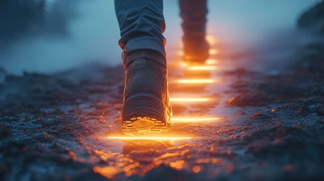 Person walking on glowing path in misty forest - Powered by Adobe