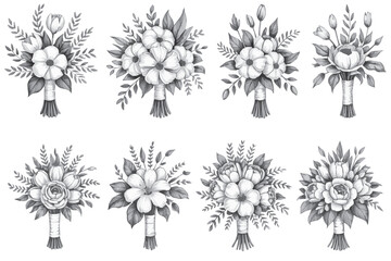 Monochromatic Floral Bouquets An Elegant Assortment of Botanical Illustrations for Wedding Stationery or Artistic Design Projects with Detailed Gray Tones