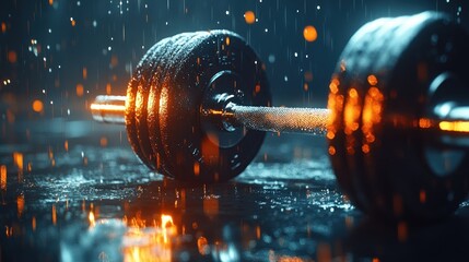 Heavy barbell in rain