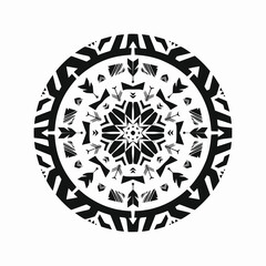 Simple tribal-inspired mandala in black solid shapes, minimalistic layout on white background