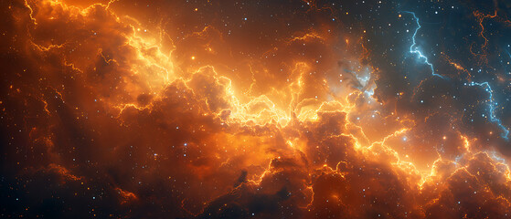 A fired galaxy blazes with cosmic intensity, glowing in radiant crimson, molten orange, and shimmering gold. Swirling star clusters ignite like embers, while radiant plasma arcs streak through the vas