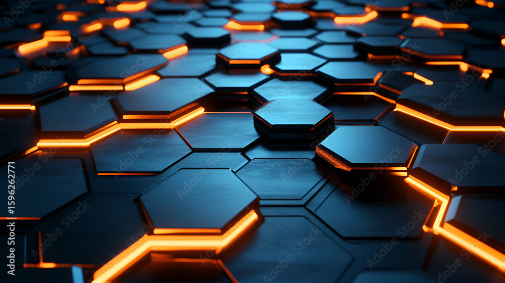 Poster intricate hexagonal pattern glowing with warm orange light in a dark environment creates a vibrant, 