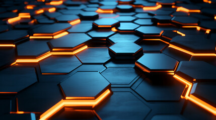 Obraz premium Intricate hexagonal pattern glowing with warm orange light in a dark environment creates a vibrant, modern atmosphere, 3d rendering of abstract geometric composition with glowing cubes in empty space.