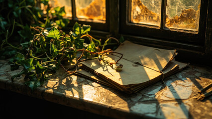 Stack of aged paper letters tied with twine next to green ivy leaves on a marble windowsill with sunlight streaming through a window