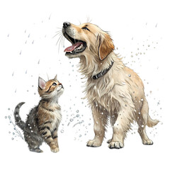 Fototapeta premium Golden Retriever and Kitten A Wet and Playful Encounter