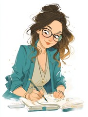 Cartoon Young woman writing in planner, first day of semester