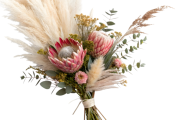 Bouquet of flowers in vase. Boho flower bunch with protea and pampas grass, isolated on transparent background.