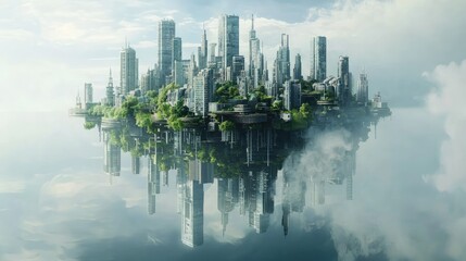 Fototapeta premium Floating city reflected in a hazy sky landscape.