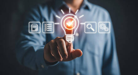 Innovative Solution Concept with a Touchscreen Person interacts glowing lightbulb icon signifying successful idea Surrounding icons represent related processes solution idea innovation business techno
