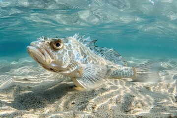 Obraz premium Weever fish (Trachinus draco), partially buried in sand, visible dorsal venomous spines, undersea Mediterranean setting