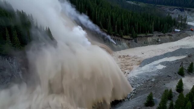 Flash floods occur, mudslides pour down. Natural disasters.
