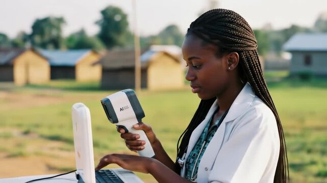 African Healthcare Worker Using a Portable Device and Laptop in a Rural Setting - Powered by Adobe