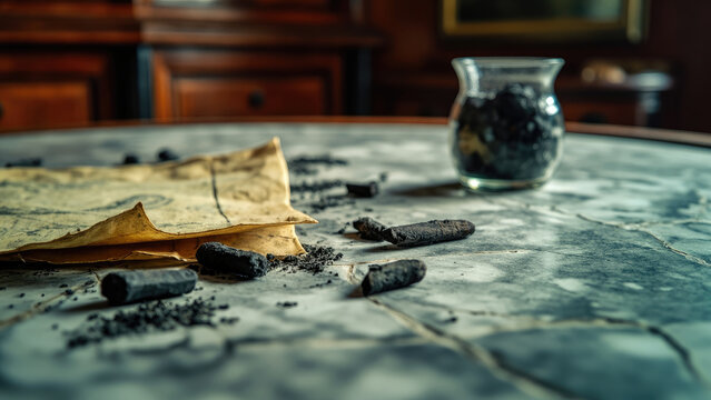 Antique map fragment with charcoal sticks and granules on a marble table near a glass jar in a dimly lit room