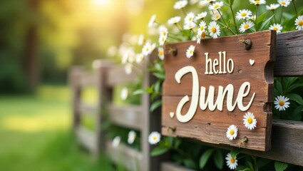 Hello July Rustic Wooden Sign with Bright Sunflowers and Blurred Green Garden Background