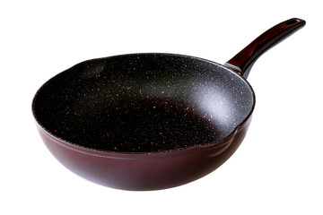 Black frying pan with a non stick coating isolated on white background with clipping path. Ideal for kitchenware ads, cookware catalogs, product packaging, and cooking related designs