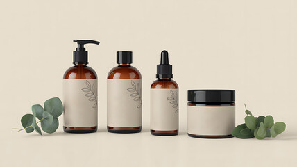 Natural skincare products in amber glass bottles with eucalyptus leaves on a light background