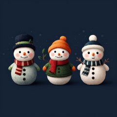 Three cheerful snowmen in winter attire standing against a dark background during a festive season