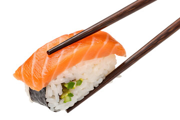 Chopsticks holding sushi isolated on AI generated by PNG