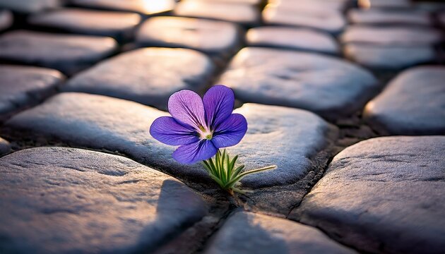 violet flower growing in between stone paving