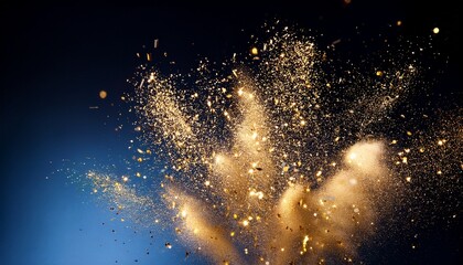 Fototapeta premium golden glitter confetti explosions on black blue background with matte channel