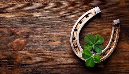 horseshoe with lucky clover 2025 greeting card horseshoe on wooden background happy new year greetings wishes
