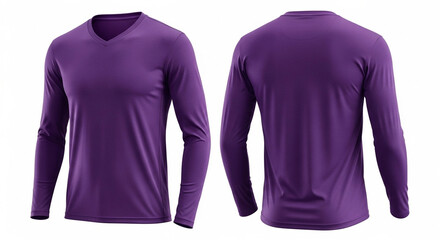 Purple long-sleeved v-neck shirt, front and back views, isolated on white.