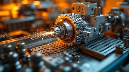 Precision machinery in action, sparks flying