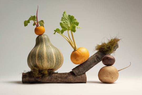 Isolated composition of pumpkin, carrot, beatroot and leaves placed in abstract geometry on light backdrop, editorial still life mood