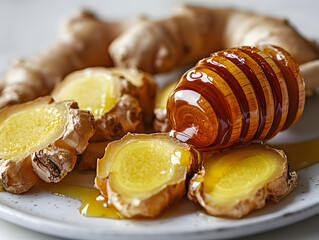 Ginger slices with honey on white background, close up
