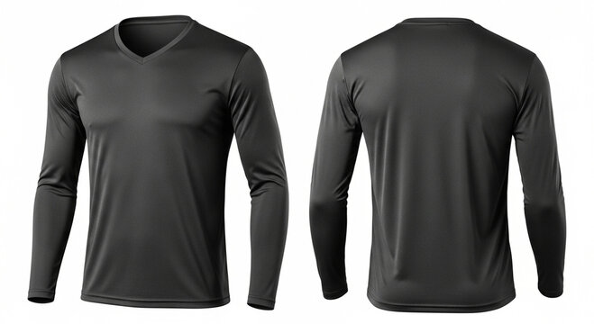 Front and back view of a long-sleeved, dark gray V-neck t-shirt isolated on a white background.
