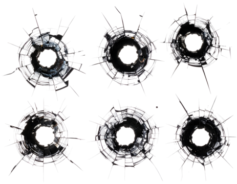 Six dramatic circular impact fractures with radiating cracks demonstrate the intense power of a destructive force.
