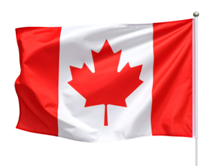 A vibrant red and white national banner with a distinctive central leaf emblem gently unfurls on a flagpole.