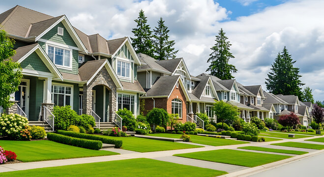 Beautiful Homes in a Residential Neighborhood row well-maintained houses with landscaped yards and sidewalks homes houses neighborhood residential property real estate townhouses suburb exterior archi