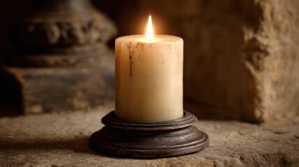 A single cream-colored votive candle with flickering flame, mounted on aged bronze base, stone background, medieval chapel style, wax drips visible, warm glow