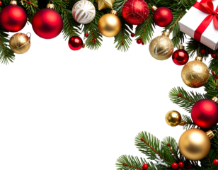 Festive evergreen boughs adorned with colorful baubles and a gift box herald the holiday season.