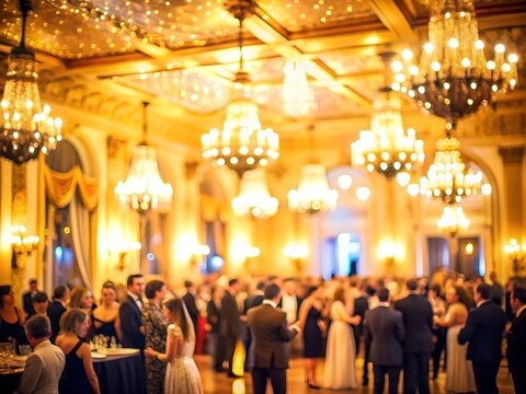 Elegant ballroom filled with people enjoying a formal evening event under chandeliers