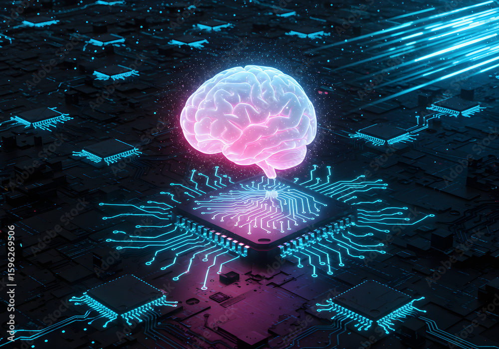 Poster artificial intelligence concept with glowing brain and computer chips on a dark background design