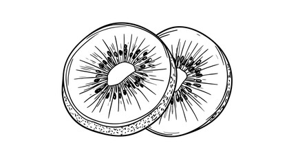 Hand-drawn black line art of two halved kiwi fruits, showcasing the distinctive seeds and inner texture