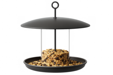 Bird feeder suspended, brimming with seeds, transparent backdrop allowing seamless graphic incorporation