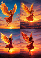 Young woman with fiery wings flying in sunset sky during evening  