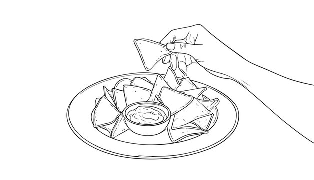 hand grabbing nachos from plate, black and white clip art preview